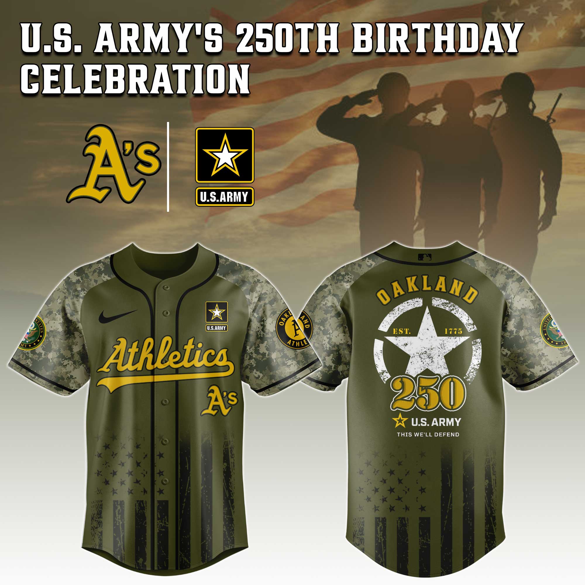 Oakland Athletics MLB 250th anniversary US Army Jersey 